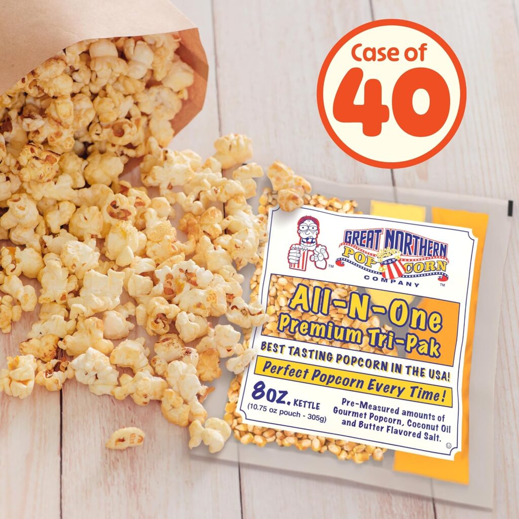Movie Theater Style 40-Count Popcorn Packs – Pre-Measured 8-Ounce All-in-One Kernel, Salt, Oil Packets for Popping Machines by Great Northern Popcorn
